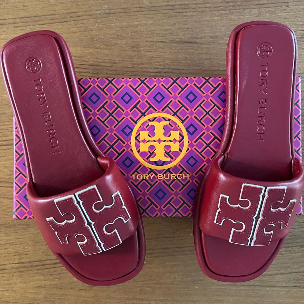 New in box Tory Burch Double T Sport Slide - Red Gold